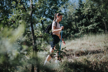 Young woman hiking on a forest trail with a backpack and trekking pole on a sunny day, enjoying nature and outdoor activity.