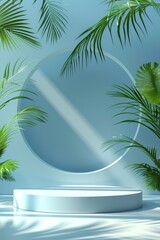 Obraz premium Minimalist blue and white podium with tropical leaves in a modern setting