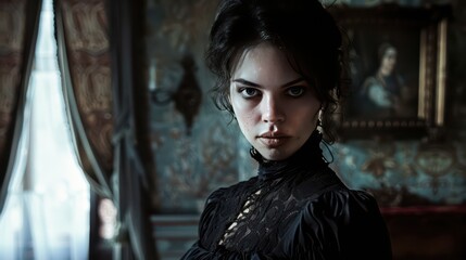 A portrait of a woman with an intense gaze and pale skin. Wwoman is dressed in dark, elegant Victorian-era clothing, in the background, an old, richly decorated room. The atmosphere is full of mystery