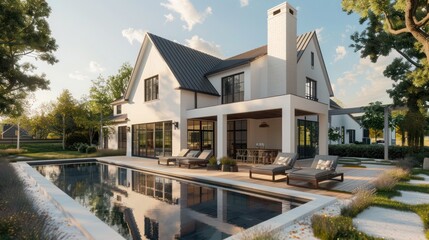 suburban farmhouse with a modern minimalist design, emphasizing clean lines, functional spaces, and a neutral color palette