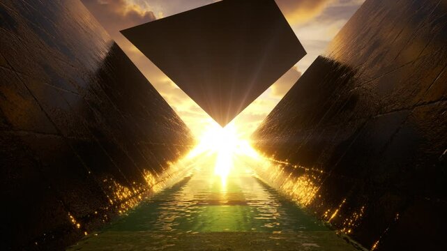 Surreal pyramids on water illuminated by sunlight. Cinematic background