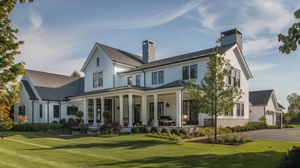 suburban farmhouse with a unique architectural design that incorporates elements of traditional farmhouse style with modern, sustainable materials