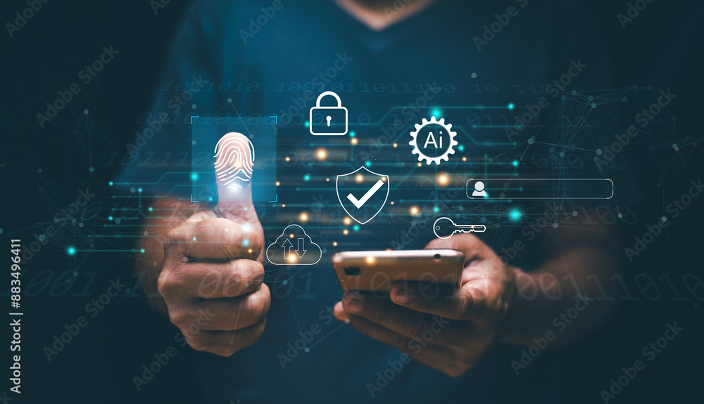 Aufkleber Cyber security and data protection, Businessman using fingerprint for biometric identity technology for digital data security on smartphone. Protecting information from cyber attacks.