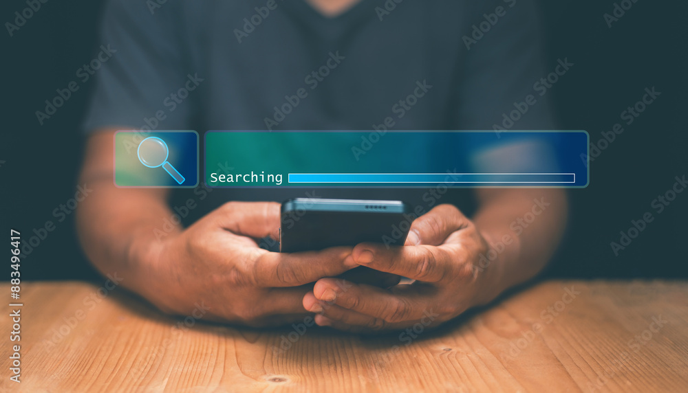Poster Smart data search technology, Businessman using a smartphone to be searching for online information, Search Engine Optimization, Using Search Console for ​your website, SEO.