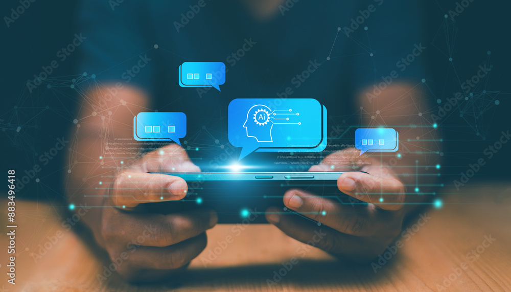Aufkleber chat with ai or artificial intelligence technology, businessman using smartphone for chatting online