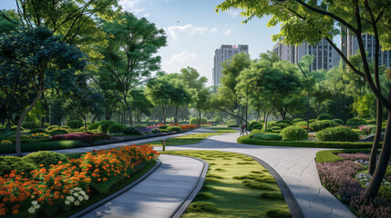 Miniature City Park: The scene showcases a meticulously designed miniature city park, featuring a mix of natural and man-made elements that create a welcoming and vibrant atmosphere.

