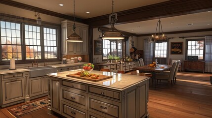 suburban farmhouse with a large, custom kitchen island that serves as a cooking area, dining space, and social hub