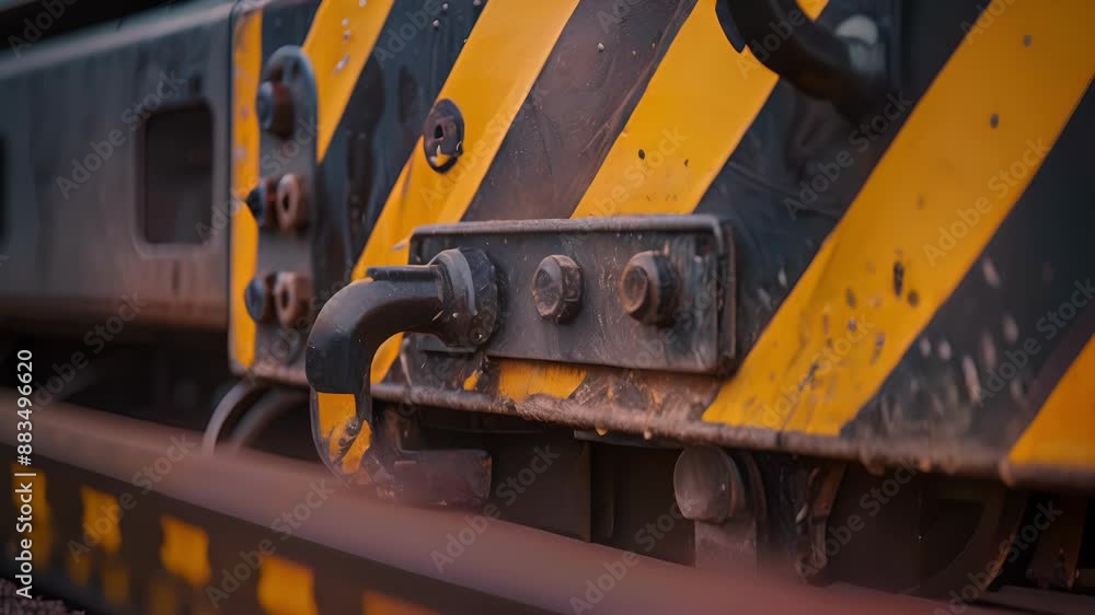 Poster view of a tow hook on a trucks front bumper featuring a triangular design with bold black and yellow