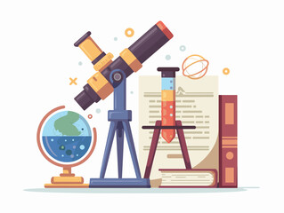 A science experiment with a telescope, a book, and a globe. The globe is on the left side of the image, and the book is on the right side. The telescope is in the middle of the scene