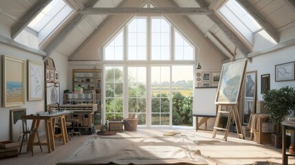 suburban farmhouse with a spacious attic conversion, now a bright art studio with skylights and inspiring views