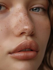 Naklejka premium A close-up portrait of the model's face, focusing on her lips and nose with soft lighting to highlight their natural beauty