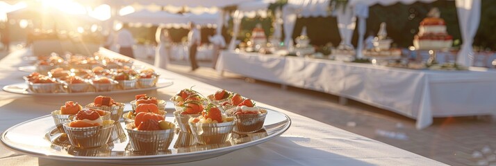 Catered Event Food Under White Tent In Sunny Daytime