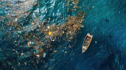 Fototapeta premium Plastic trash is polluting the Indian Ocean, and an aerial view shows the extent of the problem.