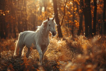 An unicorn in forest, documentary photography style, 