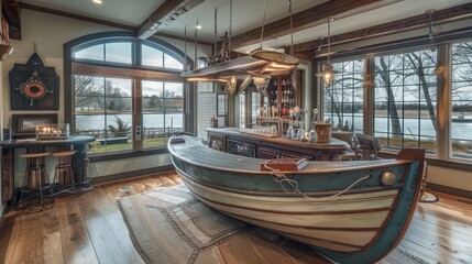 Fototapeta premium suburban farmhouse with a nautical theme, featuring a boat-shaped bar, maritime decor, and views of a nearby lake