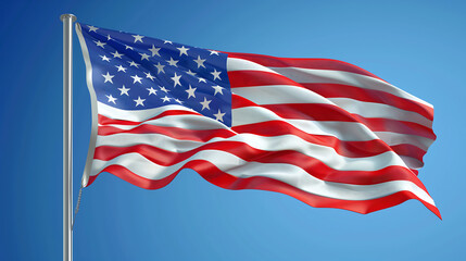 3d rendering of the american flag waving in front of blue sky background