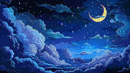 Starry night sky in pixel art style. Features moon, clouds, and bright stars against a dark blue background.