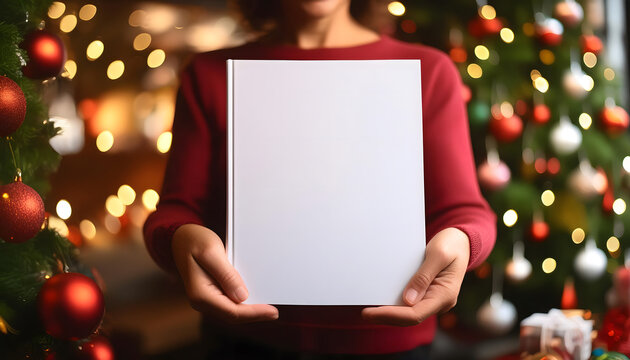 Young woman holding up the white pages of a magazine as a mock-up. Winter atmosphere. Christmas time.