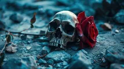 A skull with a red rose placed in the jaw, symbolizing the contrast between life and death. Perfect for content about duality, art and reflections on life.