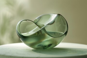Close-up of floating abstract green glass object with intricate design