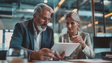 Diverse team of partners including a mature Latin businessman and a European businesswoman discussing a project on a tablet while sitting at a table in the office Two professional