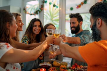 Friends Celebrating Thanksgiving with Toasts and Smiles Concept of Togetherness