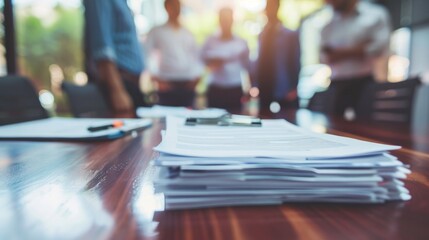 Documents on an office table with three men talking in the background