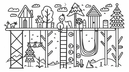 Fototapeta premium Treetop obstacle course icons. Simple line drawings. Suitable for adults. Outdoor activity in the forest.