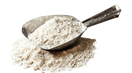 White wheat flour in metal scoop on transparent background