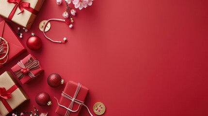Fototapeta premium Honoring customs with thoughtful Chinese New Year gifts Top view flat lay of a gold dragon gift boxes sakura blooms lucky coins and lanterns on a red background with ad space