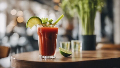 Fototapeta premium Bloody mary in a tall glass with celery, olives, and a lime wedge in a stylish brunch restaurant