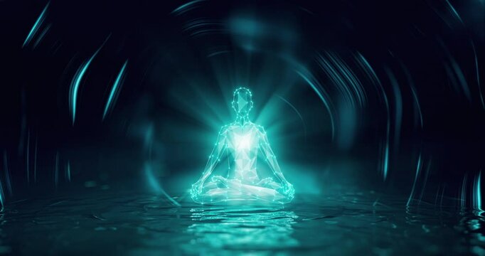Peaceful mindfulness meditation relaxing for mental health abstract motion background. Human figure in yoga meditation lotus position hover over the water low poly seamless looping animation.