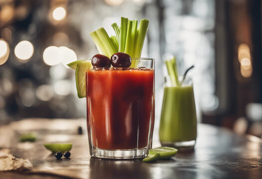 Bloody mary in a tall glass with celery, olives, and a lime wedge in a stylish brunch restaurant