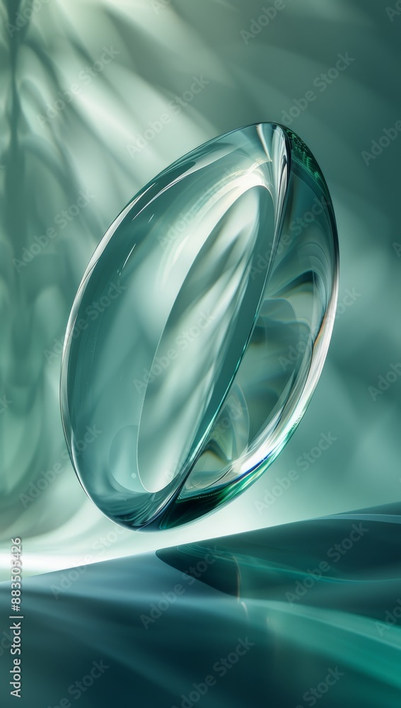 Poster Abstract close-up of floating curved diamond-shaped glass object with soft green shading