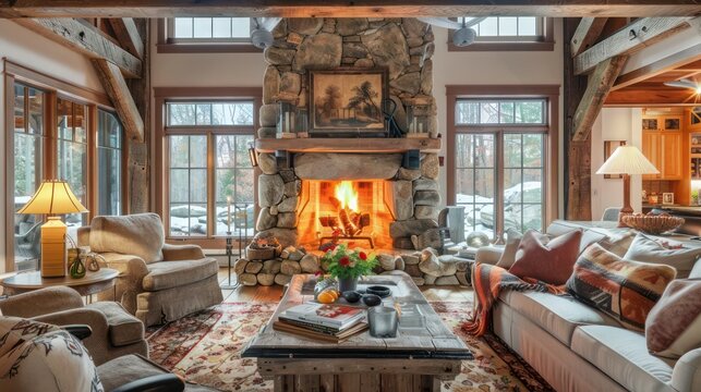 cozy suburban farmhouse living room with a large stone fireplace and rustic wooden beams