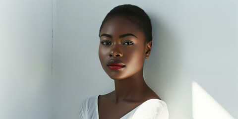Minimalist Chic: A seductive woman poses against a pristine white wall, her flawless skin on full display.