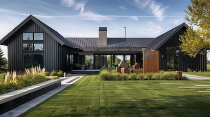 Obraz premium farmhouse with a bold black exterior and industrial metal accents, featuring a spacious front lawn with a modern sculpture garden
