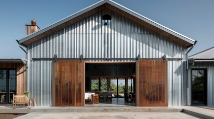 Fototapeta premium farmhouse with a modern industrial twist, featuring corrugated metal siding, large sliding barn doors, and a minimalist interior visible through oversized windows