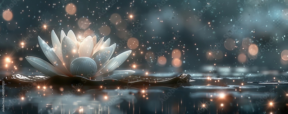 Poster glowing white lotus flower floating on water with sparkling light bokeh background