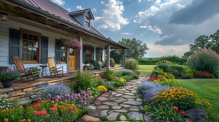 Real estate focusing a cozy Cottage with a flowerfilled garden a stone pathway and a wooden porch with rocking chairs in a rural setting