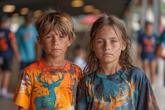 Two kids, a boy and a girl looking at the camera with a stern or serious expression.