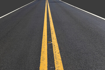 gray mockup and asphalt roadway with two yellow lines and markers painted on the ground, in Brazil