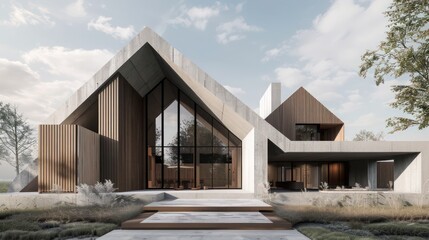 modern farmhouse with a striking geometric design, featuring sharp angles and a mix of raw concrete and warm wood panels