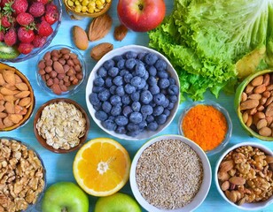 Healthy food background from fruits, vegetables, cereal, nuts and superfood. Dietary and balanced vegetarian eating products on kitchen table top view 