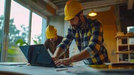 Two colleagues discussing data and working on an architectural project at a construction site using a tablet and laptop at an office desk