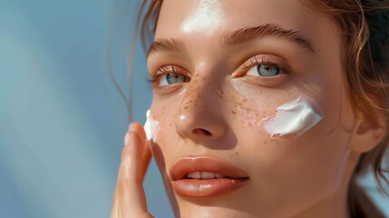 Woman with moisturized skin applying cream to her face. Her complexion is fair and radiant, and delicate gestures demonstrate her attention to daily skin care against a light background.