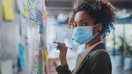 Young businesswoman wearing a protective face mask writing a mind map on a whiteboard and making new business plans with her team during the COVID19 pandemic
