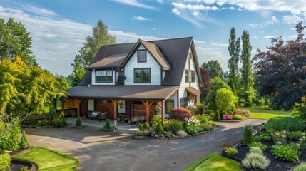 Naklejka premium picturesque suburban farmhouse with a barn-style garage and lush landscaping