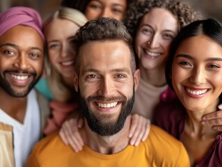 Obraz premium Diverse group of people embracing, showcasing inclusion and body positivity in a colorful, urban setting, spreading joy