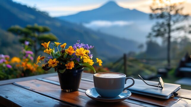 Digital nomad blogging from a mountain cafe, inspiring remote work with breathtaking views